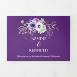 紫ラベンダーホワイトウォーター結婚カラー花 三つ折り招待状
