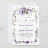 紫ラベンダーホワイトウォーター結婚カラー花 招待状 (正面)