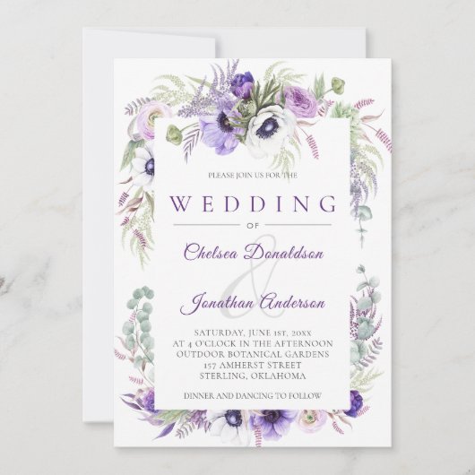 紫ラベンダーホワイトウォーター結婚カラー花 招待状 (正面)