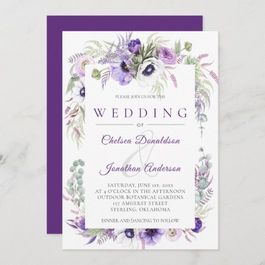 紫ラベンダーホワイトウォーター結婚カラー花 招待状 (正面/裏面)