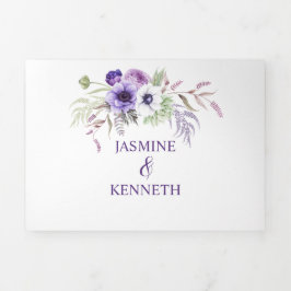 紫ラベンダーホワイトウォーター色の花白 三つ折り招待状