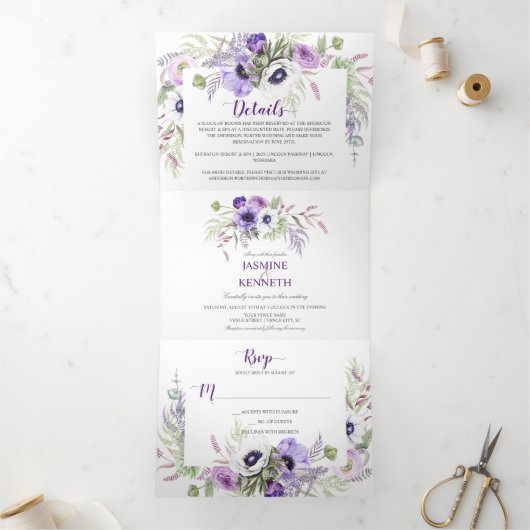 紫ラベンダー白色水色フローラ枠 | 三つ折り招待状 (内部)