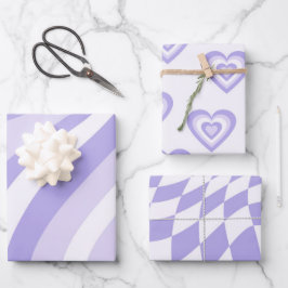 紫レトロ幾何ストライプハート正方形70s ラッピングペーパーシート