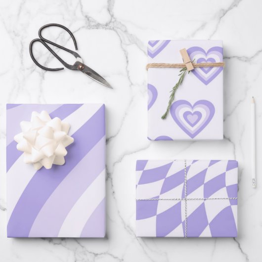 紫レトロ幾何ストライプハート正方形70s ラッピングペーパーシート (正面)