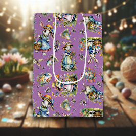 紫ヴィンテージ水色イースターバニーフローラ ミディアムペーパーバッグ