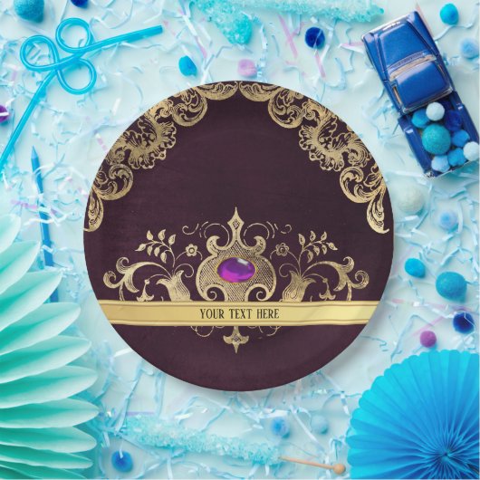 紫ヴィンテージ華美金ゴールド ペーパープレート (パーティー)