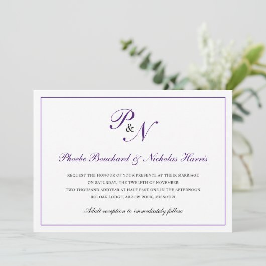 紫伝統的王室のモノグラフォーマルム結婚ズ 招待状 (スタンド正面)