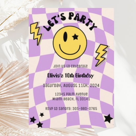 紫名門私立校風のY2Kレトロスマイル誕生日招待状 招待状