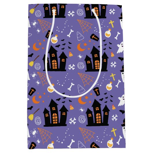 紫図解入りの、写真付きののハロウィーン模様 ミディアムペーパーバッグ (正面)