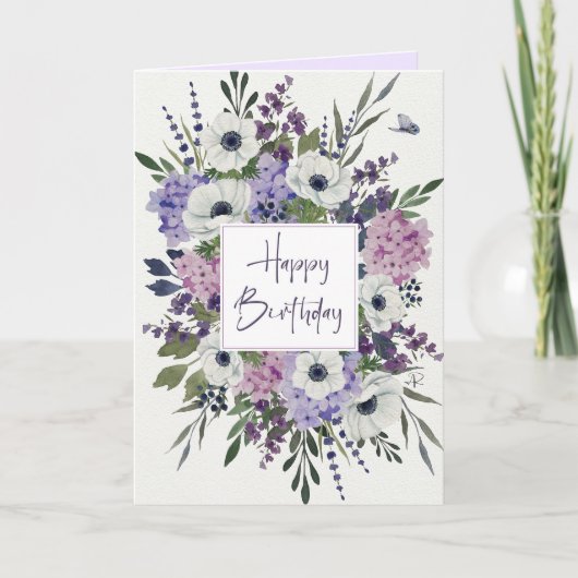 紫図解入りの、写真付きののメイブ水カラーフローラカード サンキューカード (正面)