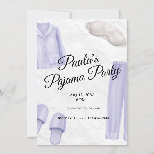 紫図解入りの、写真付きの白モダンエレガントpajama 招待状 (正面)