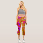 紫外カラフル、マゼンタ、赤の花 カプリレギンス (正面)