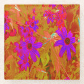 紫外カラフル、マゼンタ、赤の花 ガラスコースター (正面)