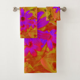 紫外カラフル、マゼンタ、赤の花 バスタオルセット