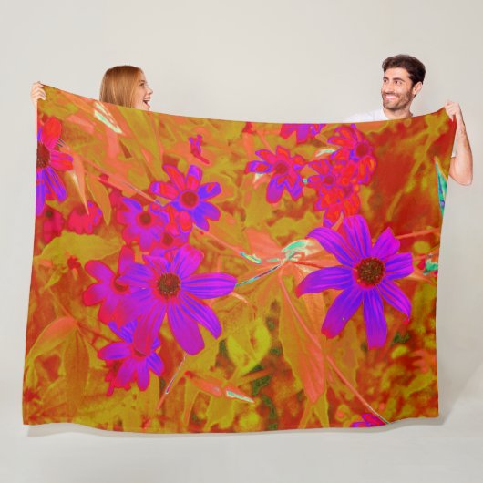 紫外カラフル、マゼンタ、赤の花 フリースブランケット (インサイチュ)