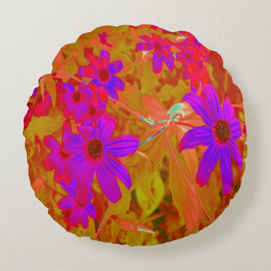 紫外カラフル、マゼンタ、赤の花 ラウンドクッション (正面)