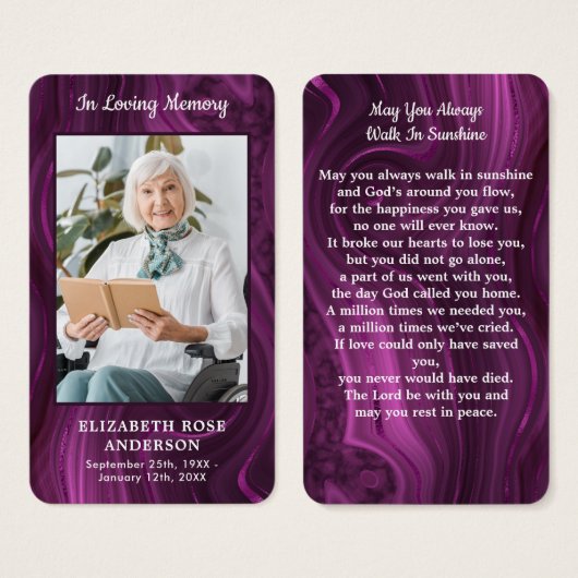 紫大理石記念写真葬式祈りの言葉カード (正面&裏面)