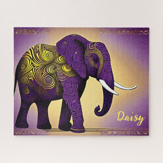 紫威厳のある象(金ゴールド渦巻き) ジグソーパズル (横)