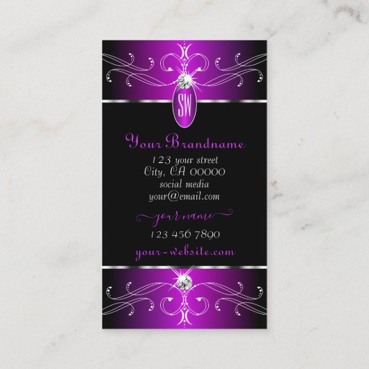 紫威厳のある黒のオーナメント華美イニシャル 名刺 (裏面)