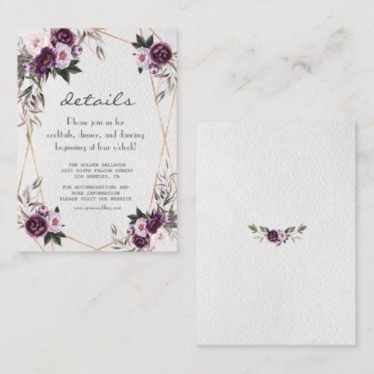 紫桃色の牡丹の花の金ゴールド結婚の詳細 エンクロージャーカード (正面/裏面)