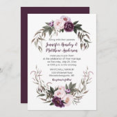 紫梅ピンク水彩牡丹結婚の#2 招待状 (正面/裏面)