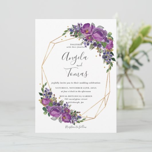 紫梅フローラのジ結婚オメトリ金ゴールドフレーム 招待状 (スタンド正面)