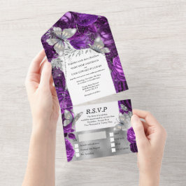 紫梅銀蝶きらめくグリッターバラ オールインワン招待状