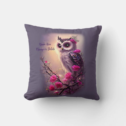 紫梟とピンクの花 クッション (正面)