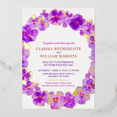 紫水彩花結婚の金ゴールド 箔招待状 (正面)