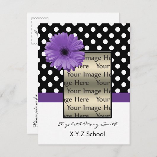 紫水玉模様デイジー写真卒業招待状 インビテーションポストカード (正面/裏面)