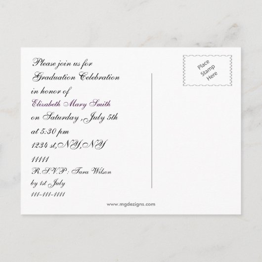 紫水玉模様デイジー写真卒業招待状 インビテーションポストカード (裏面)