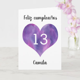紫水色ハートスペインの13誕生日 カード