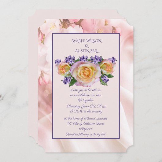 紫淡い色のアクセント付きピンクローズ招待状 招待状 (正面/裏面)
