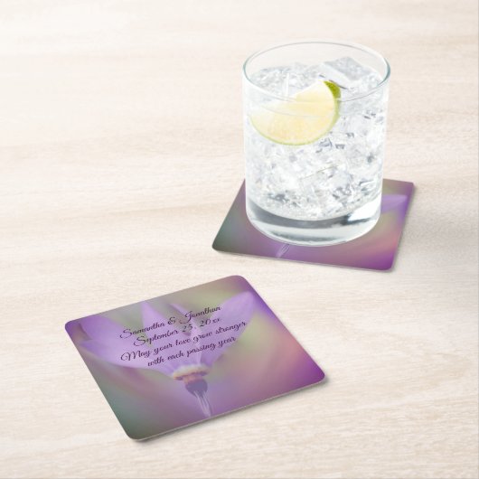 紫淡い色の百合パーソナライズされた結婚花 スクエアペーパーコースター (インサイチュ)