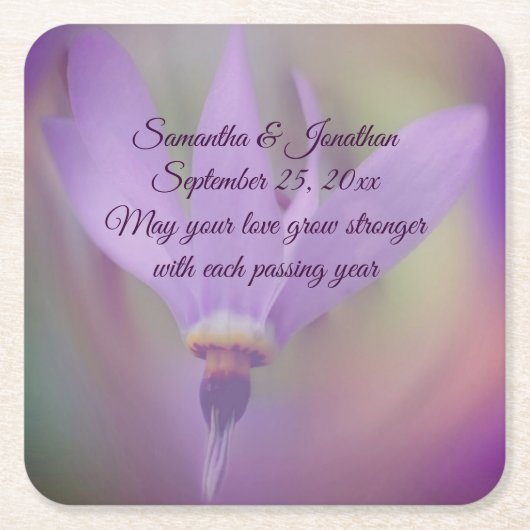 紫淡い色の百合パーソナライズされた結婚花 スクエアペーパーコースター (正面)