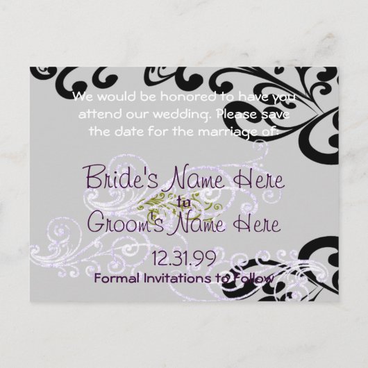 紫渦巻形のと緑の日付を保存 案内ポストカード (裏面)