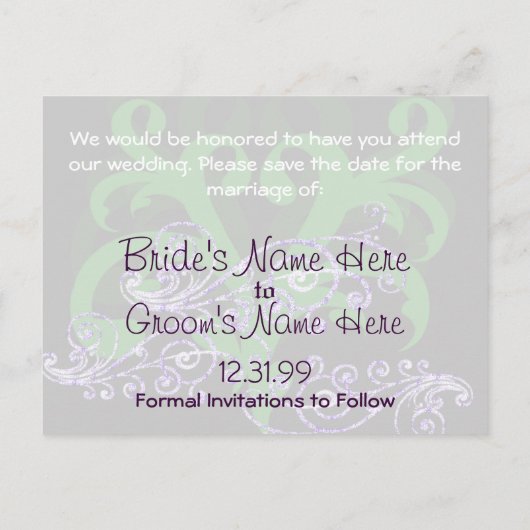 紫渦巻形のと緑の日付を保存 案内ポストカード (裏面)