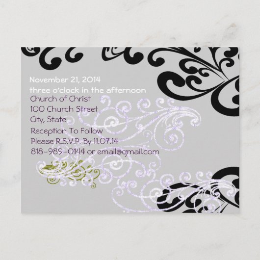 紫渦巻形のと緑の日付を保存 案内ポストカード (裏面)