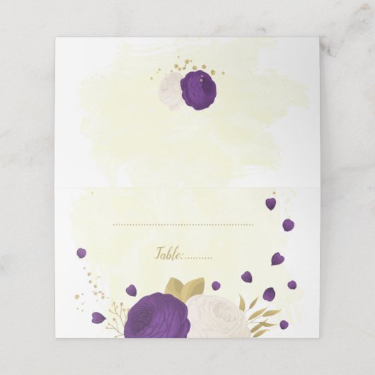 紫王室のと白の花の植物性結婚金ゴールド プレイスカード (外部開封)