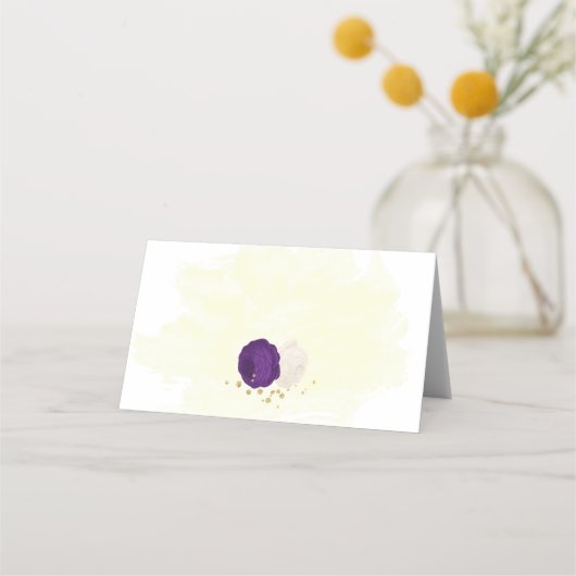 紫王室のと白の花の植物性結婚金ゴールド プレイスカード (裏面)