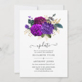 紫王室のと金ゴールドのフローラ結婚の更新 招待状 (正面)