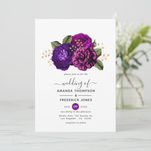 紫王室のと金ゴールドのフローラ結婚 招待状 (スタンド正面)
