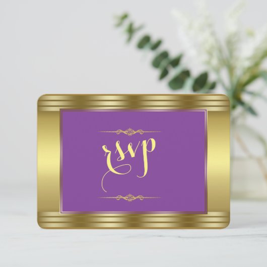 紫王室のと金ゴールドの結婚結婚式RSVP 出欠カード (スタンド正面)