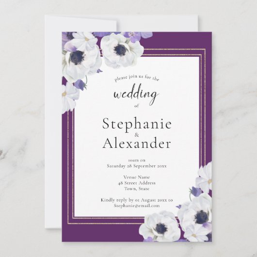 紫王室ののフローラ金ゴールドフレ結婚ーム 招待状 (正面)