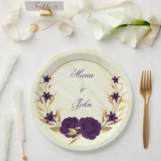 紫王室のの花金ゴールド葉リース ペーパープレート (ウェディング)
