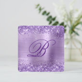 紫王室のグリッターブラシ付きフォイル50誕生日 招待状 (スタンド正面)