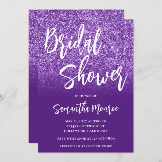 紫王室のグリッター勾配ブライダルシャワー 招待状 (正面/裏面)