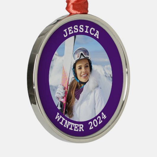 紫王室の丸パーソナライズされた家族写真 メタルオーナメント (右)