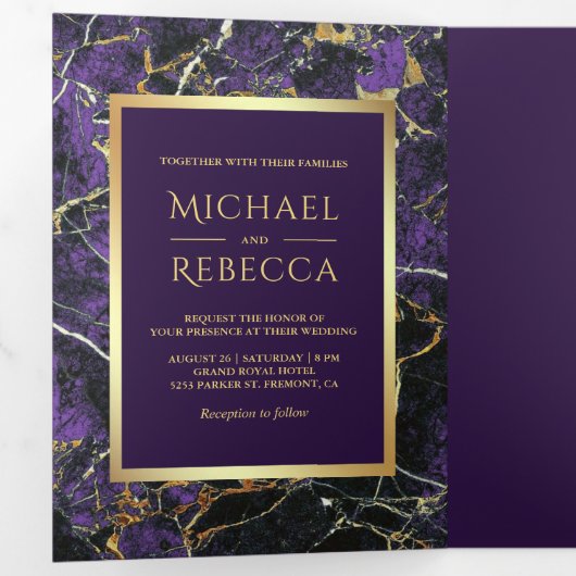 紫王室の大理石フェイク金フォイル結婚写真 三つ折り招待状 (内部最初)