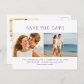 紫王室の文字3写真結婚式の日付を保存 案内ポストカード (正面/裏面)